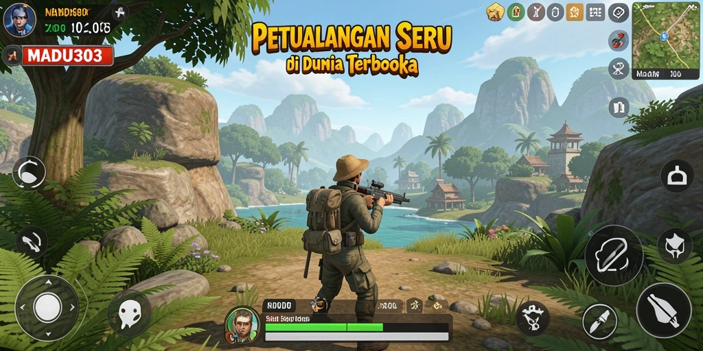 Screenshot gameplay MADU303 menampilkan petualangan di dunia terbuka.