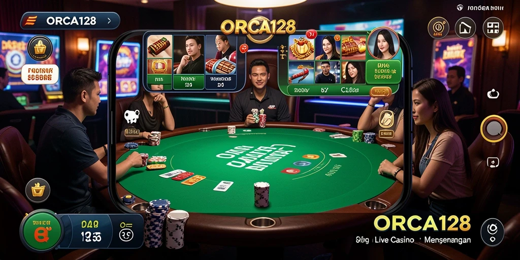 Screenshot gameplay ORCA128 menampilkan dealer live dengan suasana kasino yang autentik.